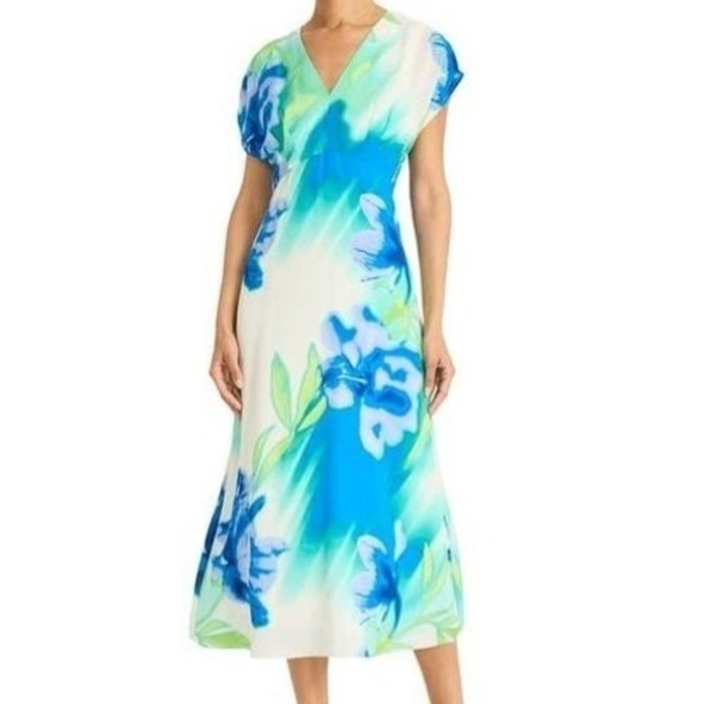 Maggy London Floral Print V Neck Midi Blue Dress Womens Size 16